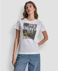 ダナキャランニューヨーク レディース トップス Tシャツ DKNY Jeans Womens Rhinestone Taxi Photoreal TShirt WhiteTaxi Cab Yellowのサムネイル