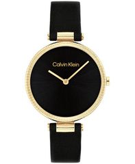 [Free Shipping] Calvin Klein Women's Gleam Black Leather Strap Watch 32mm Black