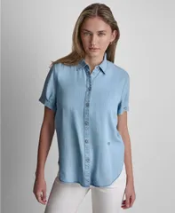 ダナキャランニューヨーク レディース トップス シャツ プリント 半袖 DKNY Jeans Womens Print Rolled ShortSleeve Shirt Chambrayのサムネイル