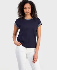ナウティカ レディース トップス Tシャツ Nautica WomenstripedTrim DolmanSleeve TShirt Night Sky ストライプのサムネイル