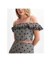 ゲス レディース トップス シャツ コットン クロップド GUESS Womens Marilyn OffTheShoulder Cotton Cropped Top Black And Whiteのサムネイル