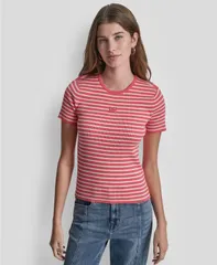 ダナキャランニューヨーク レディース トップス シャツ クルーネック DKNY Jeans Womens Crew Neck Striped Rib Top SunkissedIvory アイボリーのサムネイル