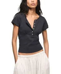 ラッキーブランド レディース トップス シャツ 半袖 Lucky Brand Womens Crochetrim ShortSleeve Henley Top India Inkのサムネイル