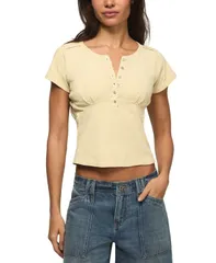 ラッキーブランド レディース トップス シャツ 半袖 Lucky Brand Womens Crochetrim ShortSleeve Henley Top Lemon Icingのサムネイル