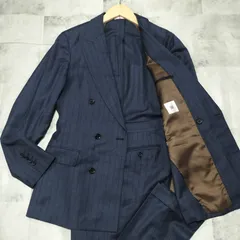イタリア生地【高級感】SUIT SELECT × marzotto ウール ダブル スーツ セットアップ 175cm Y6 ネイビー/ブラウン 紺色 ストライプ WOOL 光沢感 艶 ドレープのサムネイル
