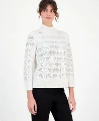 アンクライン レディース アウター ニット・セーター スパンコール Anne Klein Womens Houndstooth Sequin MockNeck Sweater PXXSXXL Whitのサムネイル