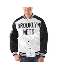 スターター メンズ アウター ジャケット・ブルゾン サテン ジャケット Starter Mens White Black Brooklyn Nets Renegade Satin FullSnap Vのサムネイル