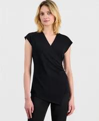 アンクライン レディース トップス シャツ キャップスリーブ キャップ Anne Klein Womens CapSleeve FauxWrap Top Anne Black ブラックのサムネイル