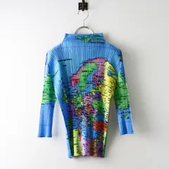 希少 美品 PLEATS PLEASE ISSEY MIYAKE プリーツプリーズ イッセイミヤケ 世界地図 ハイネックブラウス 3//ブルー■【2400015090696】のサムネイル