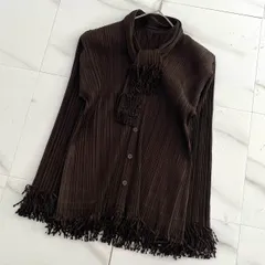 激レア✨PLEATS PLEASE ISSEY MIYAKE プリーツプリーズイッセイミヤケ　ボウタイリボンフリンジブラウス シャツ サイズ3 ブラウン 長袖のサムネイル