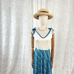 TOPPER マリンライク　ノースリーブワンピース 白×ブルー グリーン ストライプ模様　レトロ古着 vintage dress