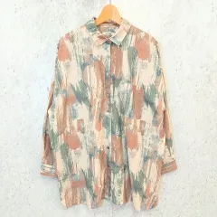 gleam グリーム シャツ 長袖 アート柄 オーバーサイズ 総柄 モスグリーン ブラウン ベージュ Fサイズ ◎、〇□☆ のサムネイル
