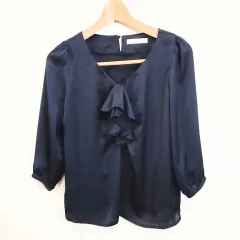 DOUX ARCHIVES ドゥアルシーヴ ブラウス フリル シアー ボウタイ Vネック ネイビー Mサイズ ◎、□〇☆のサムネイル