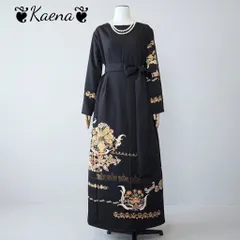 着物リメイク  大きいサイズ ロング ワンピース マキシ ドレス  Aライン 黒留袖 金彩 駒刺繍 草花文 結婚式 オケージョンドレス フォーマルのサムネイル