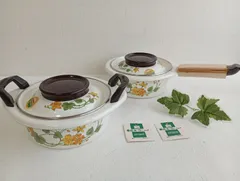 ☆Y109 【未使用品】ZOJIRUSHI 象印 ホーローWARE SET HS-15 小型両手鍋/小型片手鍋 約15cm 花柄 昭和レトロ 保管品のサムネイル