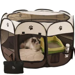 ペットサークル 折りたたみ式 屋根付き 多機能ポケット付き 給水器付き 犬 猫 室内 屋外兼用 小型犬 中型犬 大型犬 防災 避難 持ち運び便利 メッシュ ケージ ゲージ サークル お出かけ ドライブ用 災害対策 ブラウン S 0のサムネイル
