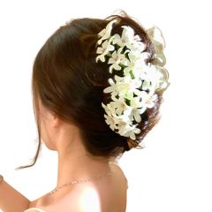 大ぶりフラワーヘアクリップ 、リボン付きのバラ [リボン付きのバラ]
