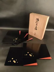 F36-10/越前塗/隅切卓上膳 5客/専用箱/骨董/膳/漆器/漆塗/朱塗/漆盆/会席膳/お盆/懐石膳/懐石道具のサムネイル