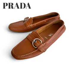 PRADA プラダ ブラウン レディース 靴 ローファー 革靴 サークルバックル ベルトデザイン ホワイトステッチ シボ革 シュリンクレザー スリッポン ミュールローファー【サイズ36】23cm相当 1266KZのサムネイル