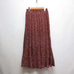 サンカンシオン 3can4on 美品 花柄 プリーツ ロング スカート 3 赤 レッド ウエストゴム 裏地付きのサムネイル