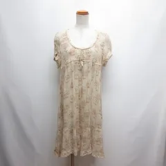 シェリーラファム Cherir la femme ねこ柄 シルク シアー シフォン 半袖 ワンピース M ベージュ 猫 ネコ レース装飾のサムネイル