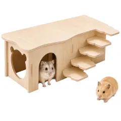 Alpha Depot ハムスター ハウス 家 木製 2部屋 階段付き 隠れ家 小屋 天然木 巣箱 小動物 迷路 アスレチック 運動不足解消 おしゃれ ハリネズミ モルモット うさぎ 寝床 のサムネイル