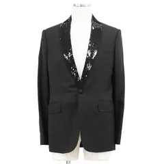 【未使用】CELINE セリーヌ タキシードジャケット スパンコールラペル 1B ウール100% テーラード アウター タグ・ボタン付属 メンズ サイズ 46 ブラック 黒 フランス製のサムネイル