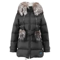 PRADA プラダ ダウンジャケット フォックスファー タッセル ベルテッド ロゴ ラバーパッチ ジップアップ アウター ベルト付属 レディース サイズ 36 ブラック 黒 ルーマニア製のサムネイル