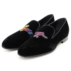 SALE【美品】LOUIS VUITTON ルイ・ヴィトン ローファー オートゥイユライン ベロア ベルベット ロゴ レインボーワッペン レザーソール スリッポン シューズ 靴 メンズ サイズ 8 1/2 ブラック 黒 イタリア製のサムネイル