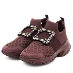【未使用】Roger Vivier ロジェ・ヴィヴィエ スニーカー Viv' Run ヴィブ ラン レディース 37h ソックスニーカー クリスタルビジュー テクニカルメッシュ / スウェード レザー スリッポン シューズ 靴 箱付属 ボルドー 赤 伊製