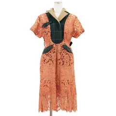 SALE【極美品】Sacai サカイ ショートスリーブドレス サイズ 1 レディース フローラル 花柄 レース x メルトン ワンピース オレンジ グリーン 緑 橙色 日本製のサムネイル