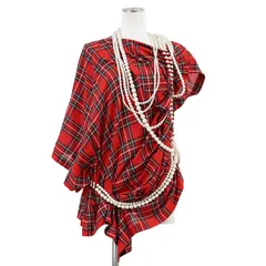 【未使用】JUNYA WATANABE COMME des GARCONS ジュンヤワタナベコムデギャルソン ブラウス サイズ S レディース チェック柄 フェイクパール アシンメトリー ドレープ プルオーバー トップス レッド系 赤 総柄 日本製のサムネイル