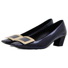 SALE【美品】Roger Vivier ロジェヴィヴィエ パンプス 35.5 レディース Belle Vivier ベル ヴィヴィエ ロゴ刻印 ゴールドバックル エナメル パテントレザー スクエアトゥ シューズ 革靴 箱/袋付属 ネイビー 紺 イタリア製