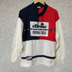 90s ellesse エレッセ ヴィンテージ ハーフジップ ハイネック 長袖 ワッフル サーマル カットソー スウェット トリコロール マルチカラー 刺繍ロゴ ワッペン メンズ L相当 古着 レトロスポーツ ゴールドウインのサムネイル