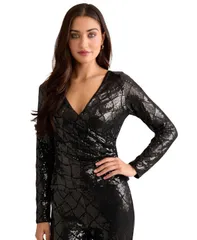 ミューズ レディース トップス シャツ スパンコール 長袖 Muse Womens LongSleeve Sequin Wrap Top Black ブラックのサムネイル