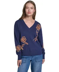 カール ラガーフェルド レディース アウター ニット・セーター Vネック フラワー柄 フラワー KARLAGERFELD PARIS Womens Karl Floral Embroidery VNeのサムネイル