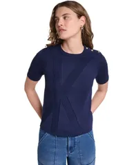 カール ラガーフェルド レディース アウター ニット・セーター クルーネック 半袖 KARLAGERFELD PARIS Womens Crewneck ShortSleeve Sweater Navのサムネイル