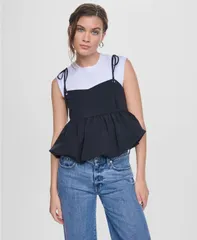 ダナキャランニューヨーク レディース トップス タンクトップ ナイロン DKNY Jeans Womens NylonBlend Tied Strapeplum Tank Top Black ブラックのサムネイル