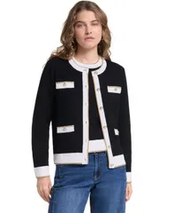 カール ラガーフェルド レディース アウター ニット・セーター カーディガン KARLAGERFELD PARIS Womens FourPocket Cardigan Blacksoft Whiteのサムネイル