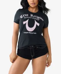 トゥルーレリジョン レディース トップス Tシャツ クルーネック True Religion Womens Crystal Horseshow Crew Neck TShirt Jet Black ブのサムネイル