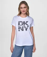 ダナキャランニューヨーク レディース トップス Tシャツ クルーネック プリント 半袖 ロゴ DKNY Jeans WomenshortSleeve Newsprint DKNY Stacked Loのサムネイル