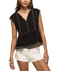 ラッキーブランド レディース トップス シャツ Vネック フリル コントラスト 刺繍 Lucky Brand Womens VNeck Contrast Embroide red Ruffle Topのサムネイル