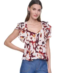 ダナ キャラン ニューヨーク レディース トップス シャツ プリーツ プリント ブラウス DKNY Womens Printed FlutterSleeve Pleated Blouse Floralのサムネイル