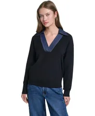 カール ラガーフェルド レディース アウター ニット・セーター Vネック デニム KARLAGERFELD PARIS Womens Denim Collar VNeck Sweater Blackのサムネイル