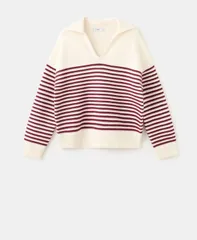 マンゴ レディース アウター ニット・セーター ポロシャツ MANGO Womenstriped PoloNeck Sweater Ecru エクリュのサムネイル