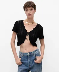 マンゴ レディース アウター ニット・セーター カーディガン MANGO Womens Bow Detail Knitted Cardigan Black ブラックのサムネイル