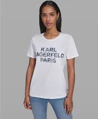 カール ラガーフェルド レディース トップス Tシャツ クルーネック デニム ロゴ KARLAGERFELD PARIS Womens Crewneck Denim Logo TShirt Whiteのサムネイル