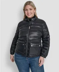 ダナ キャラン ニューヨーク レディース アウター コート プラスサイズ DKNY Plusize Moto Collar Short Packable Coat Black ブラックのサムネイル