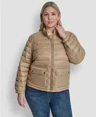 ダナ キャラン ニューヨーク レディース アウター コート プラスサイズ DKNY Plusize Moto Collar Short Packable Coat Khaki カーキのサムネイル