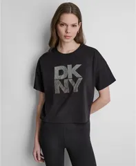 ダナ キャラン ニューヨーク レディース トップス Tシャツ クルーネック ロゴ DKNY Sport Womens Ombre Rhinestone Logo Crewneck TShirt Blaのサムネイル